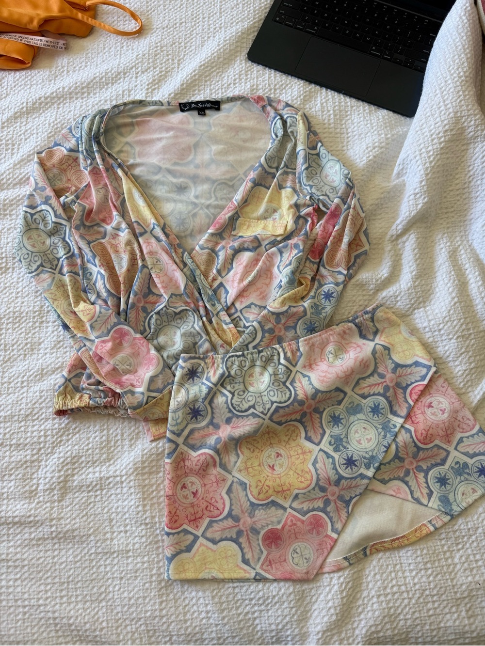 For Love & Lemons Pastel Tile-Print Top and mini skirt- Pink, Yellow, Blue